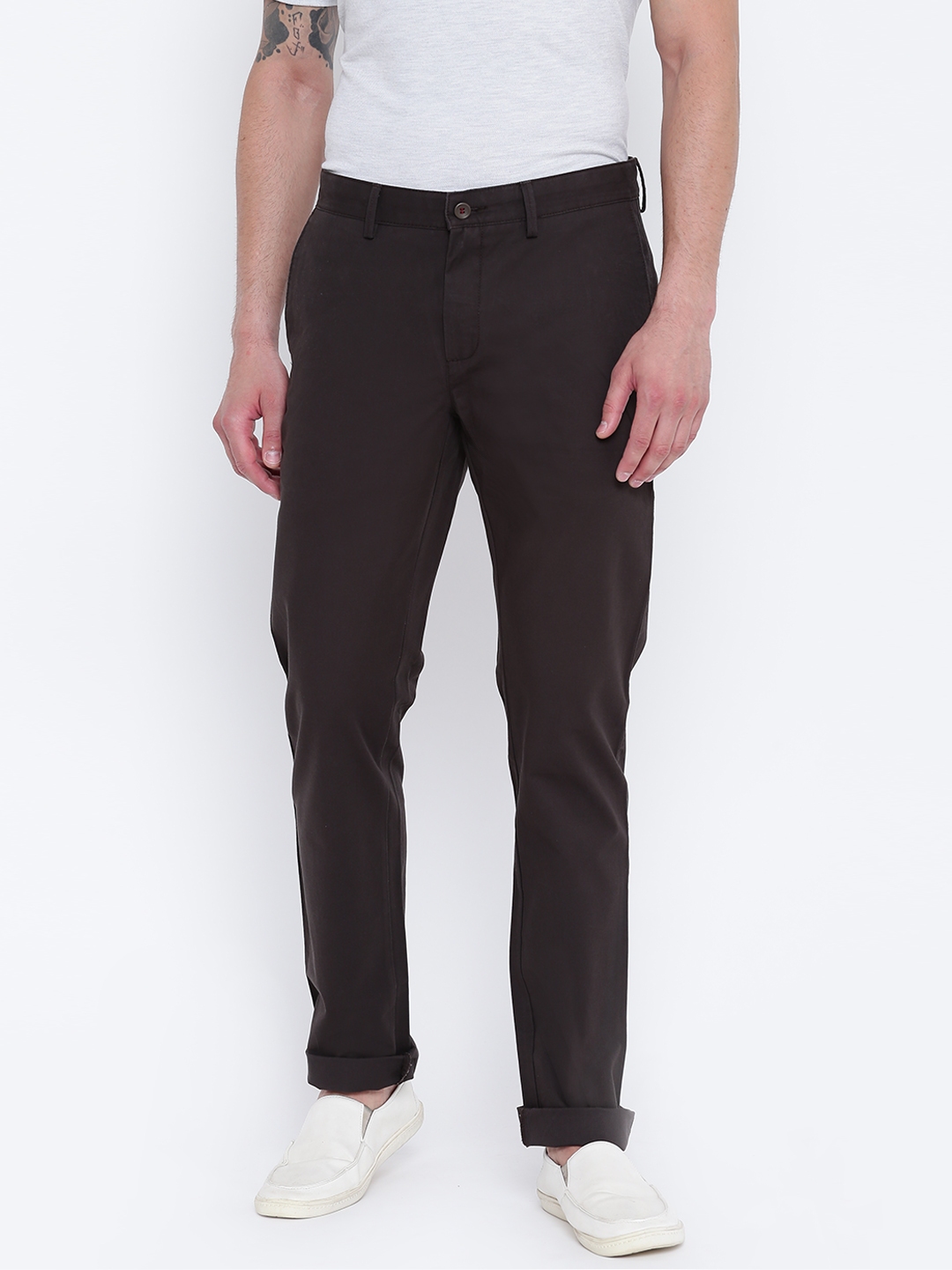Buy Blackberrys Men Olive Brown Slim Fit Solid Regular Trousers ...