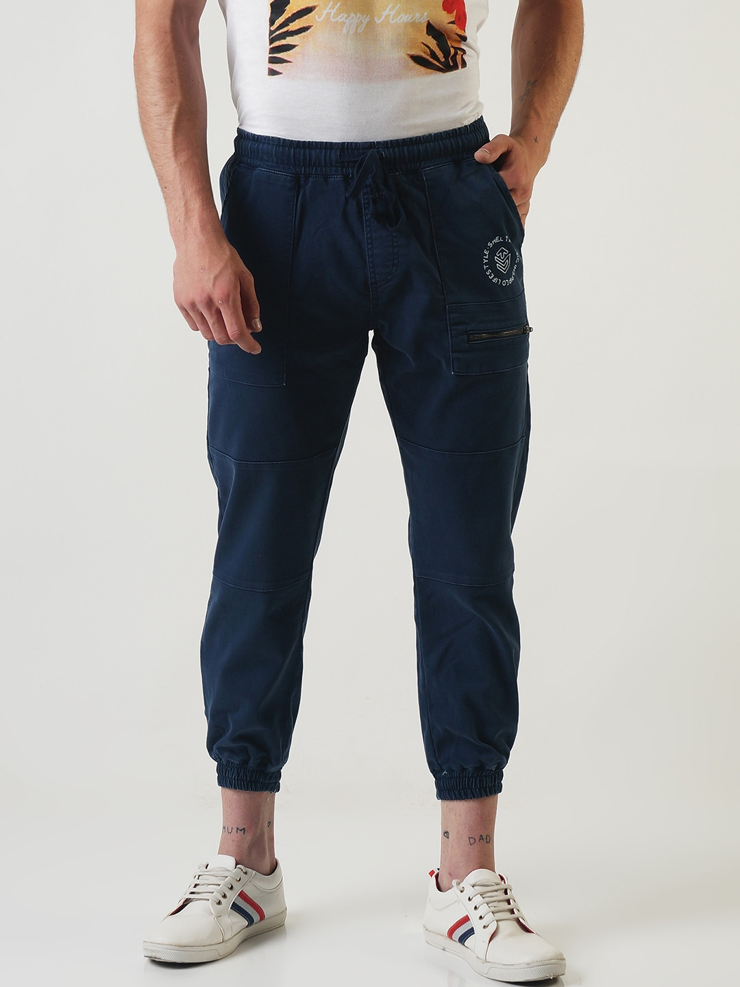 Buy SHELTR Men Navy Blue Smart Slim Fit Solid Joggers Trousers for