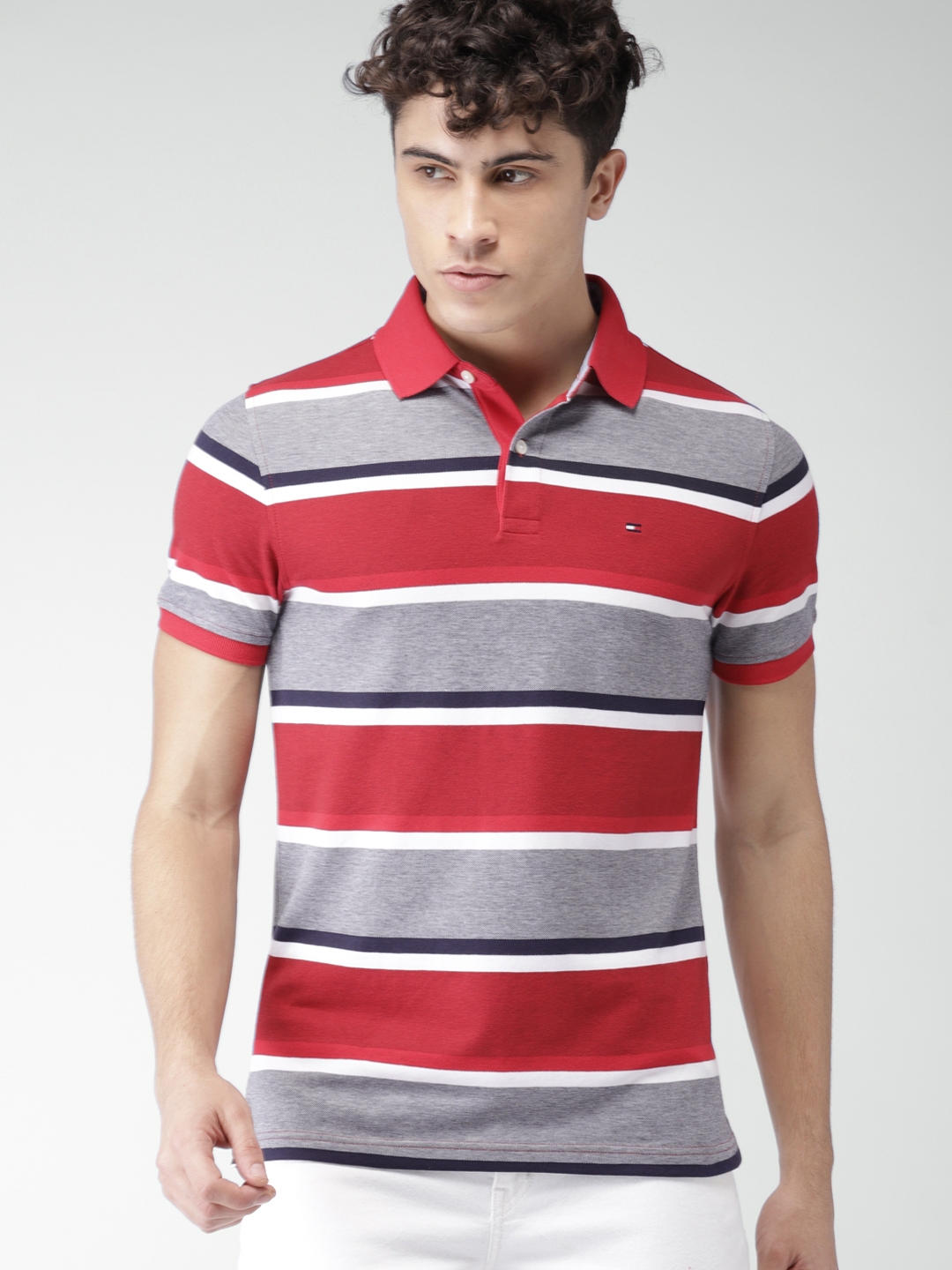 Buy Tommy Hilfiger Men Red & White Slim Fit Striped Polo Collar T Shirt ...