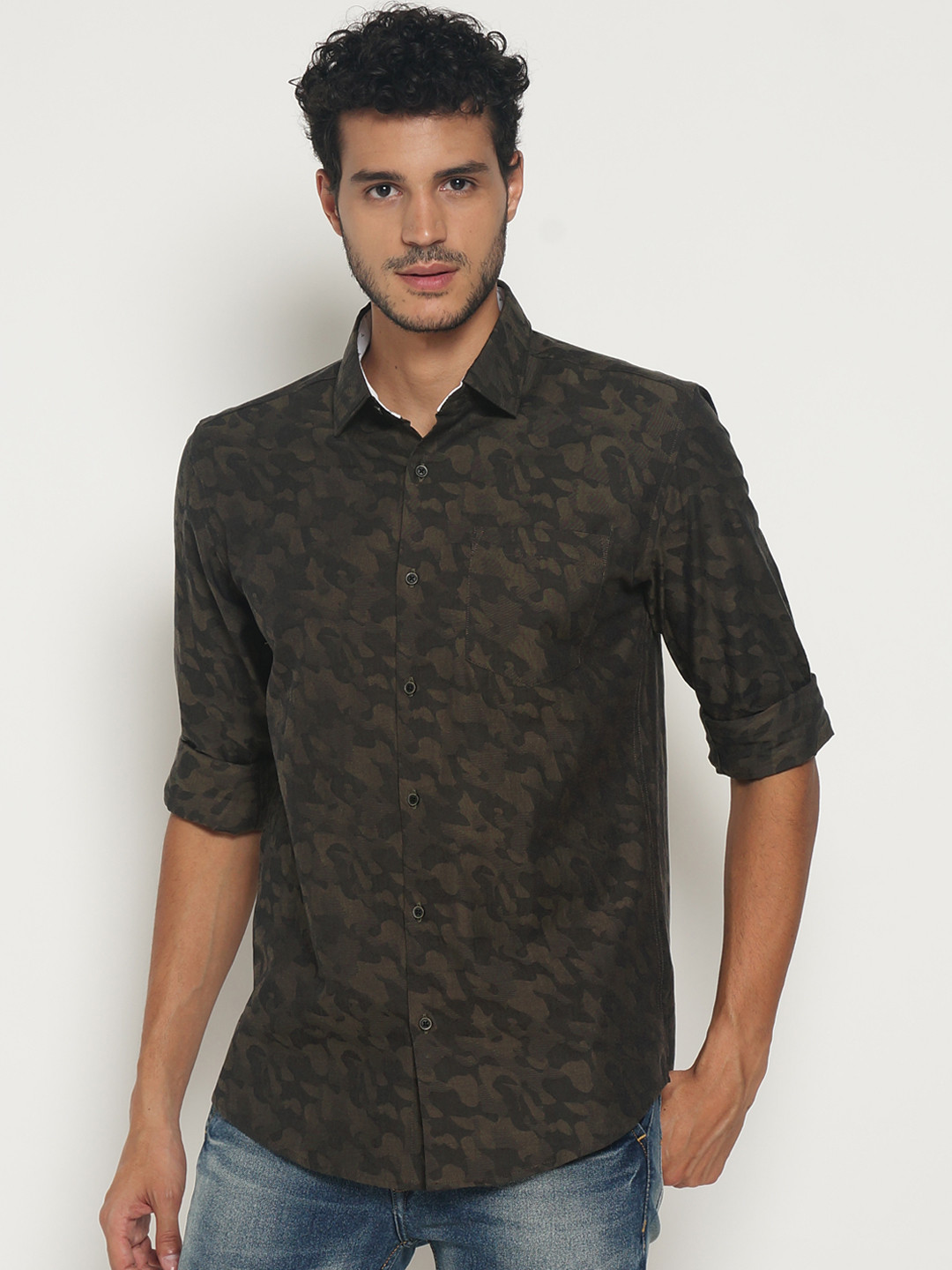 Buy IVOC Men Olive Green Slim Fit Printed Casual Shirt Shirts for Men