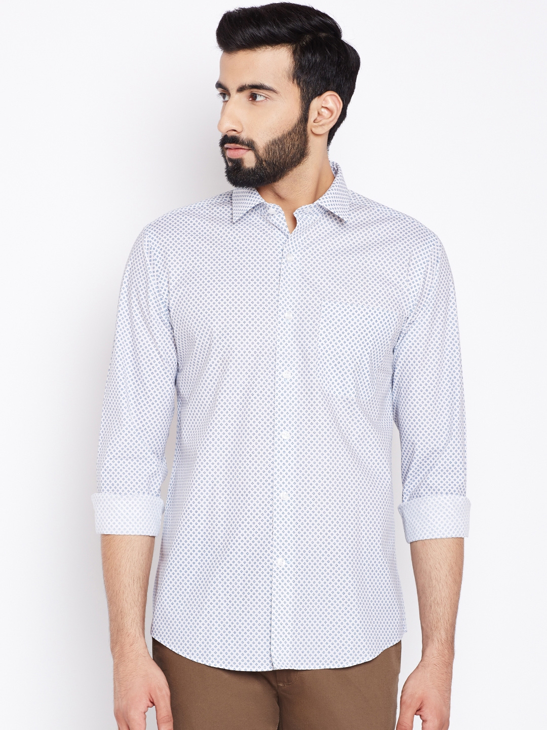 Buy Wills Lifestyle Men White & Blue Slim Fit Printed Casual Shirt ...