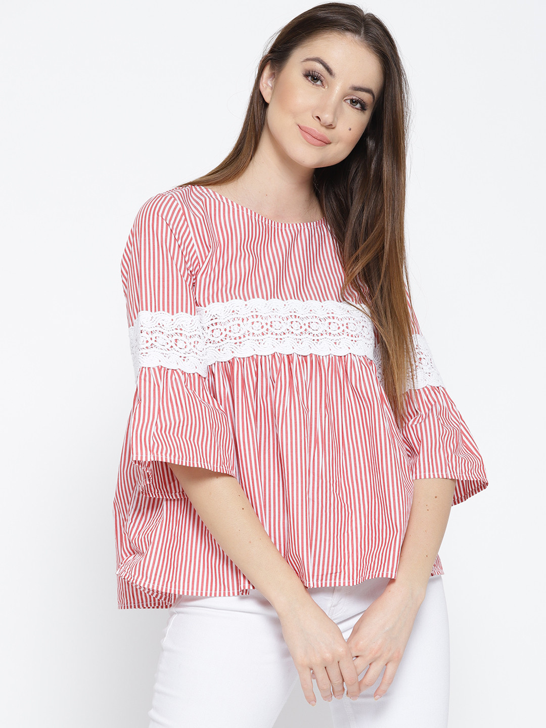 Buy SCOUP Women Red & White Striped A Line Top Tops for Women 6544805
