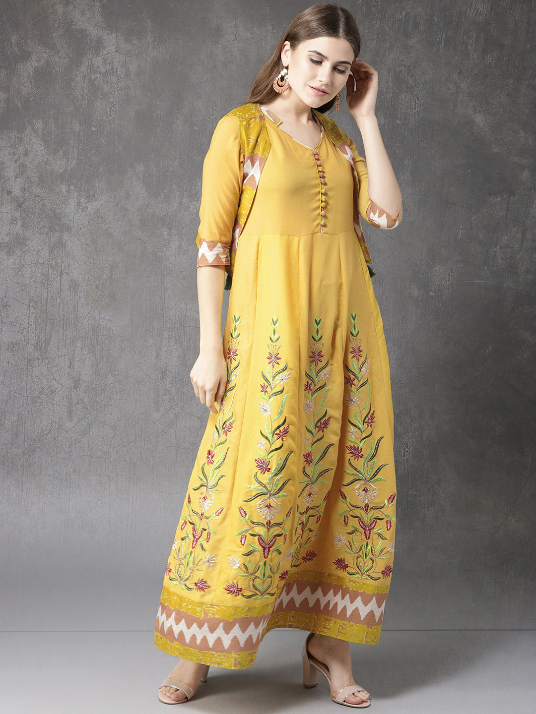 Buy Anouk Women Mustard Yellow Embroidered Kurta With Trousers Kurta
