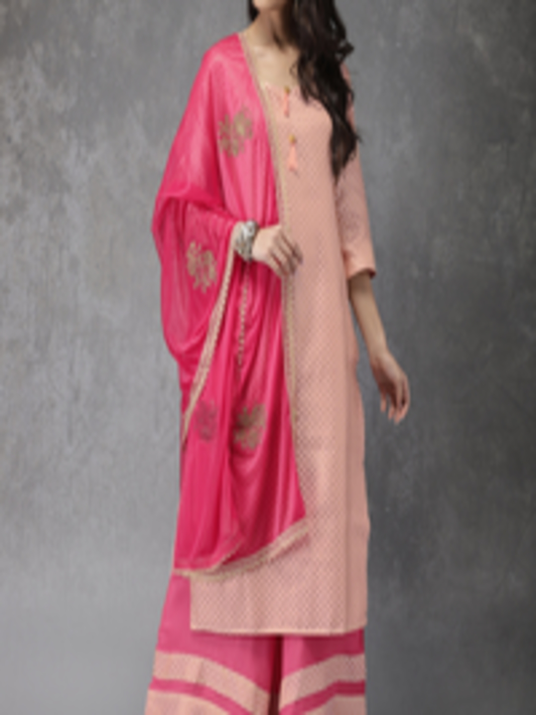 Buy Anouk Women Peach Coloured & Pink Woven Design Kurta With Palazzos ...