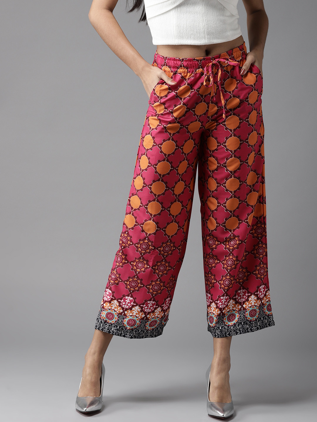 Buy HERE&NOW Women Pink & Orange Printed Straight Palazzos Palazzos