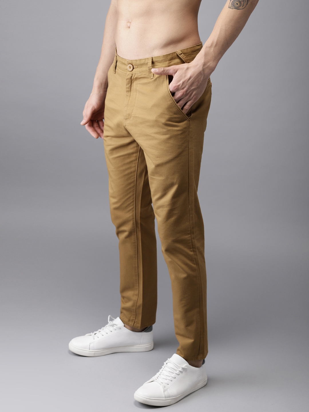 Buy HERE&NOW Men Khaki Regular Fit Solid Cropped Chinos - Trousers for ...