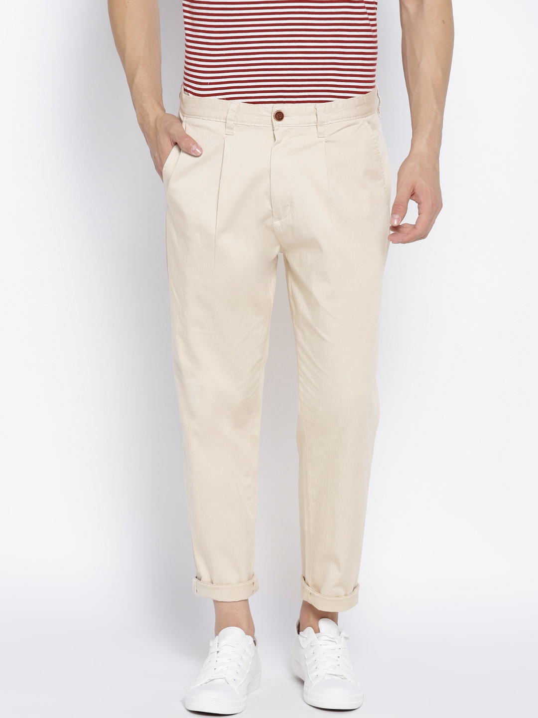 Buy People Men Cream Coloured Solid Loose Fit Mid Rise Trousers ...