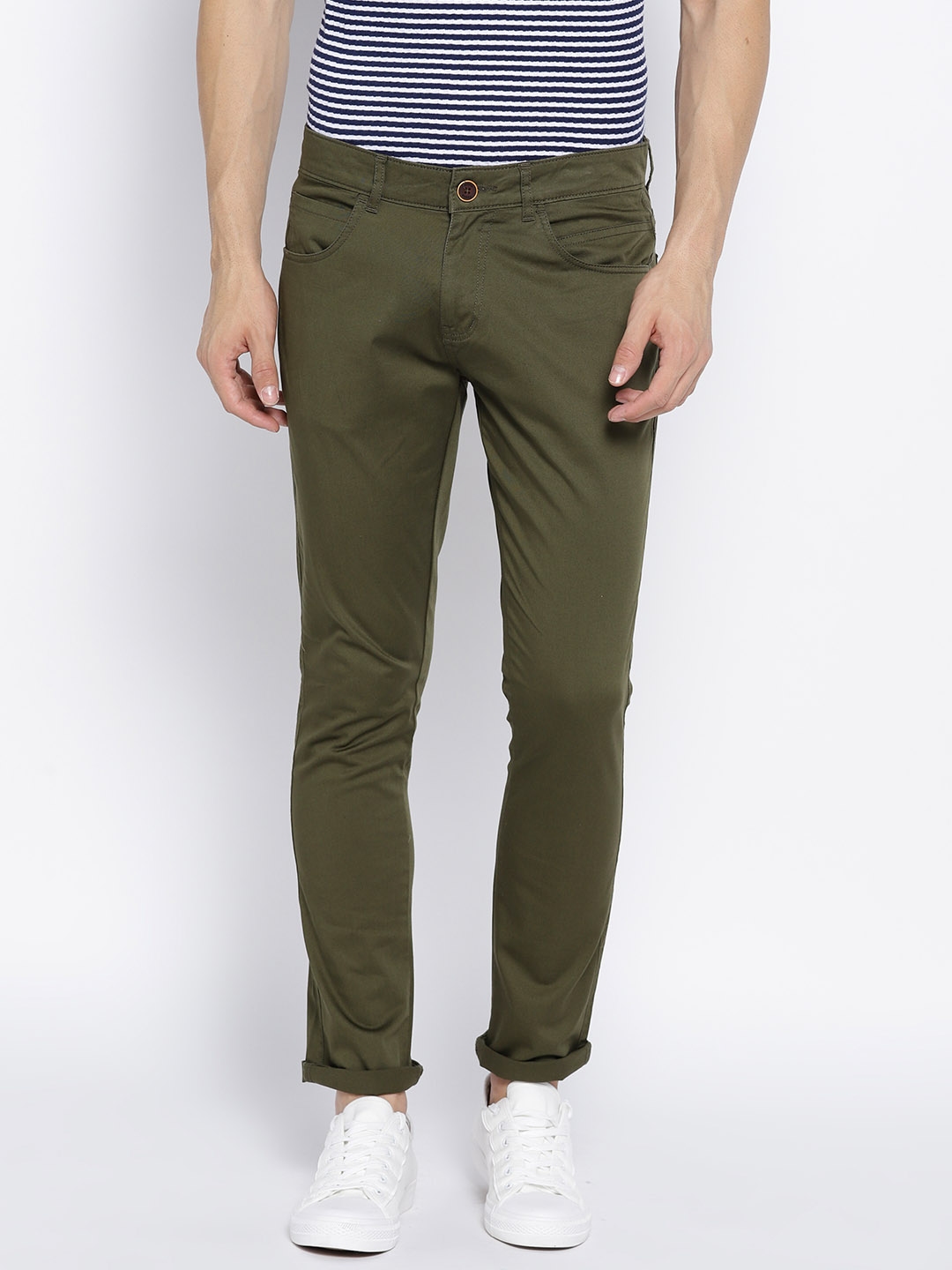 Buy People Men Olive Green Solid Slim Fit Mid Rise Trousers - Trousers ...