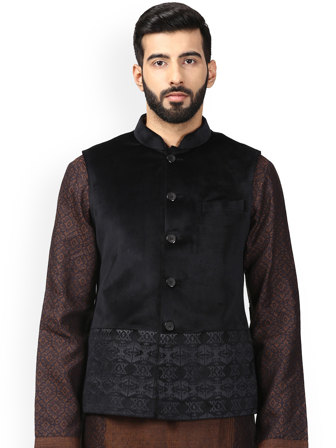Black Embroidered Velvet Nehru Jacket For Men