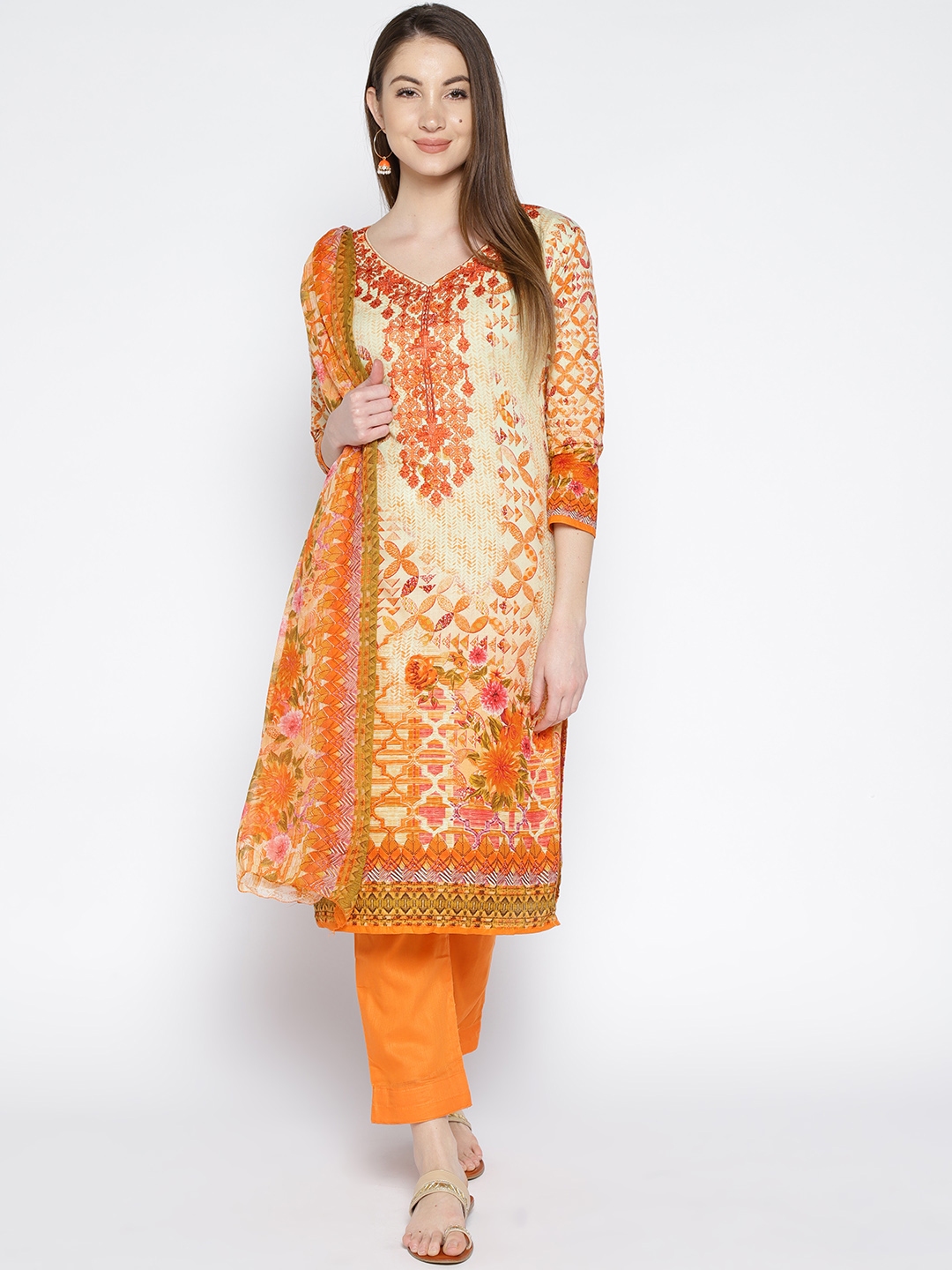 Buy Mf Orange & Beige Unstitched Dress Material - Dress Material for ...