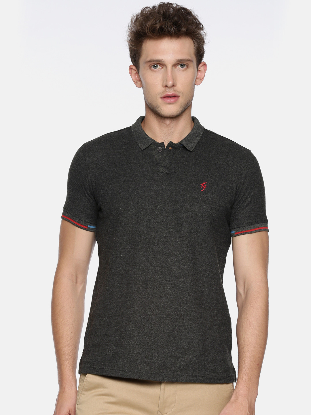Buy Killer Men Charcoal Grey Solid Polo Collar T Shirt Tshirts for