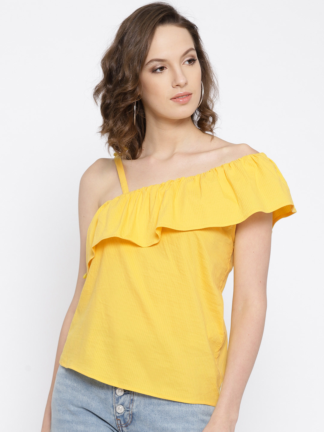 Buy Vero Moda Women Yellow Self Striped One Shoulder Top Tops for