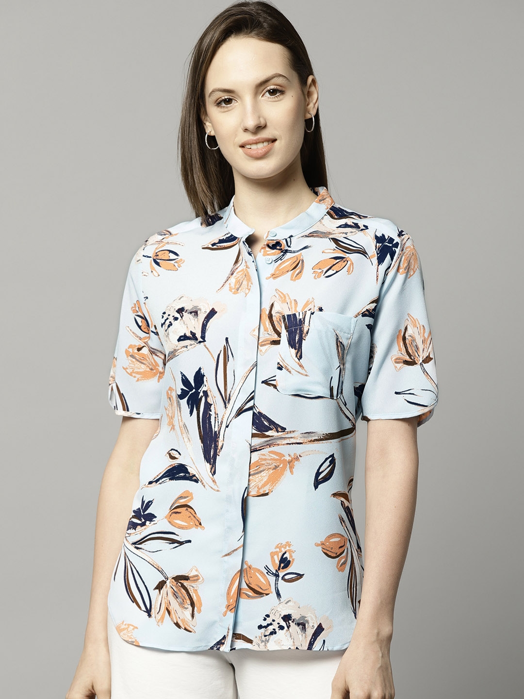 Buy Marks & Spencer Women Blue & Orange Regular Fit Printed Casual ...