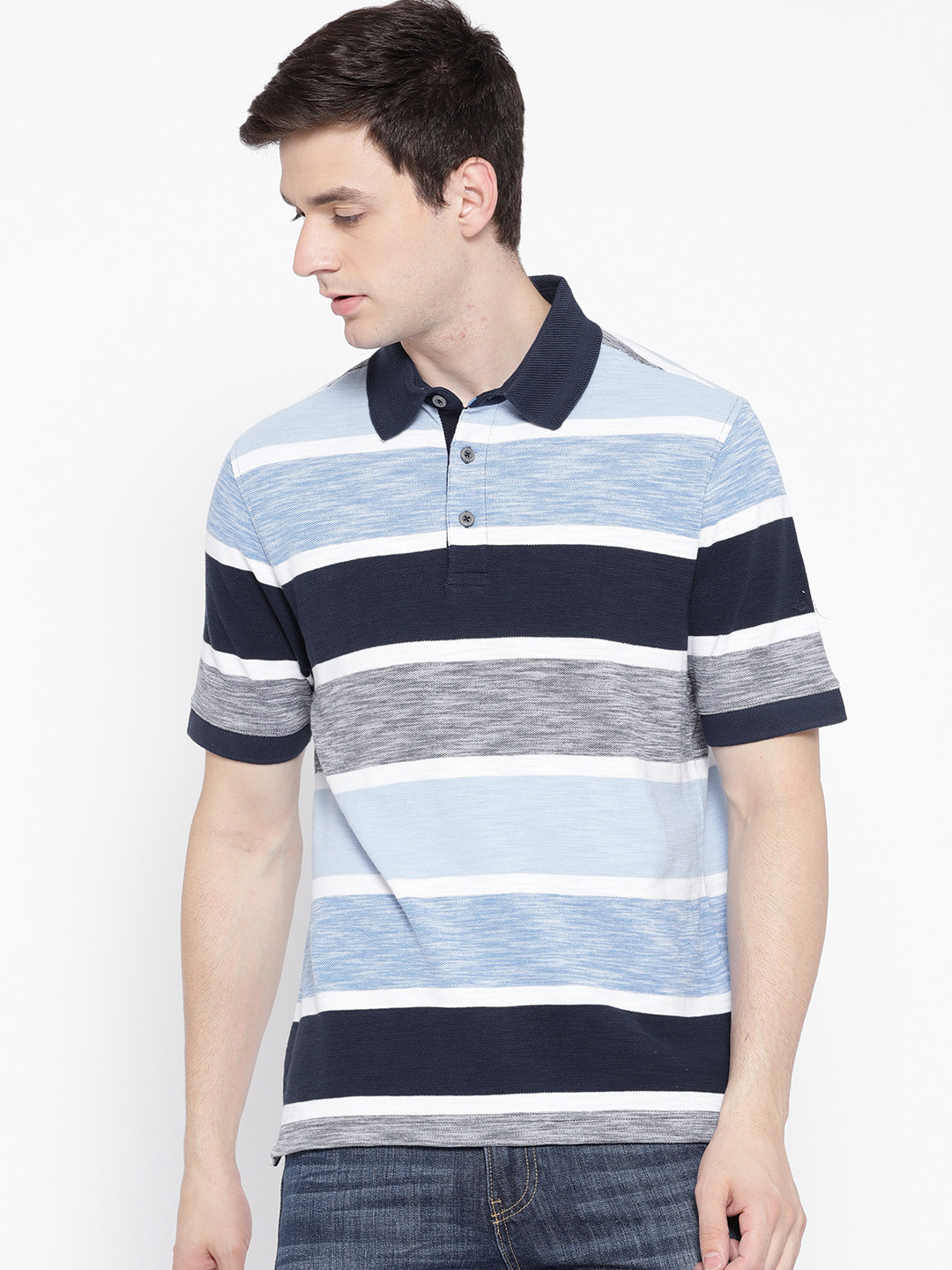 Buy Marks Spencer Men Blue Striped Polo Collar Pure Cotton T Shirt