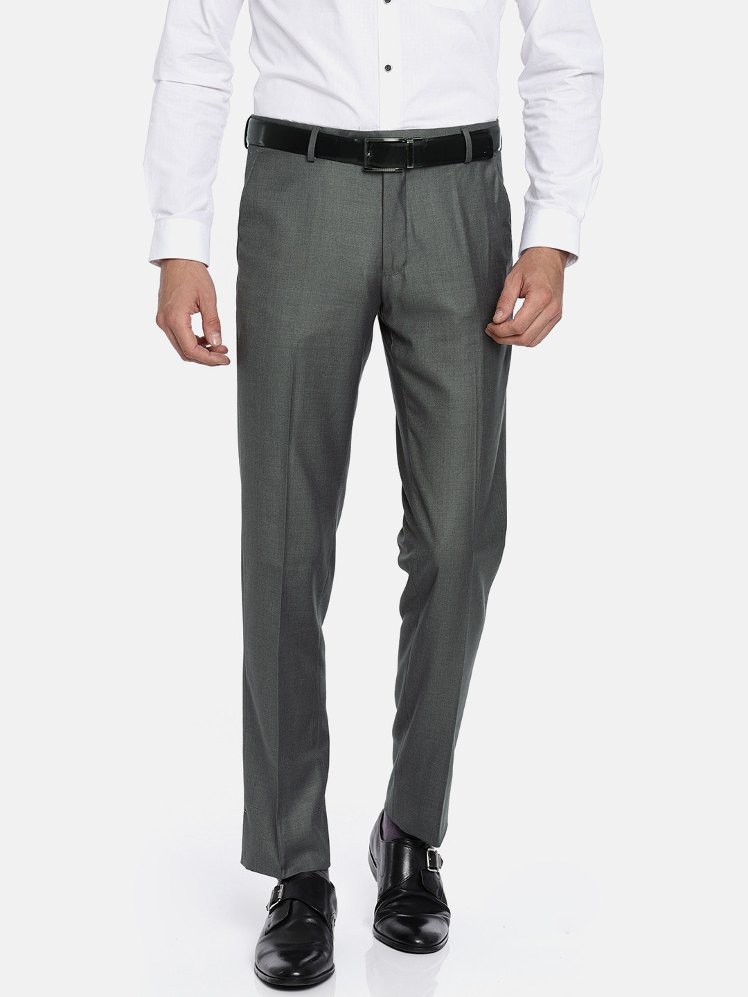 Buy Van Heusen Men Grey Classic Slim Fit Solid Formal Trousers ...