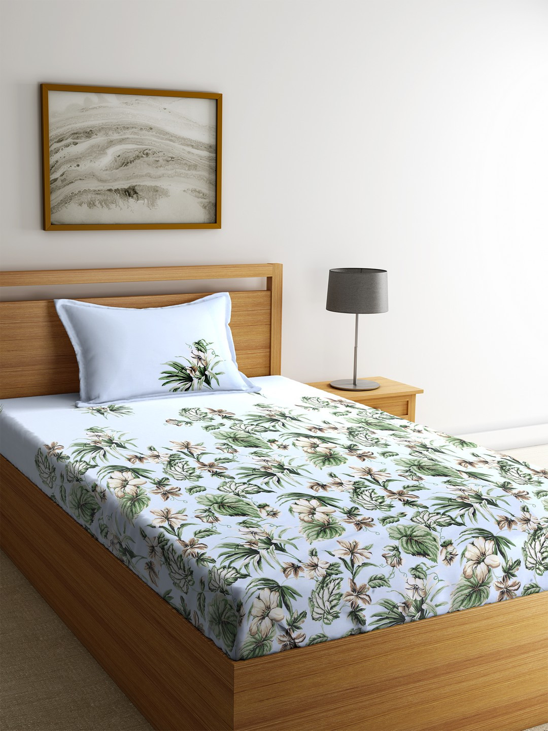 Buy SPACES Blue Floral Flat 144 TC Cotton 1 Single Bedsheet With 1