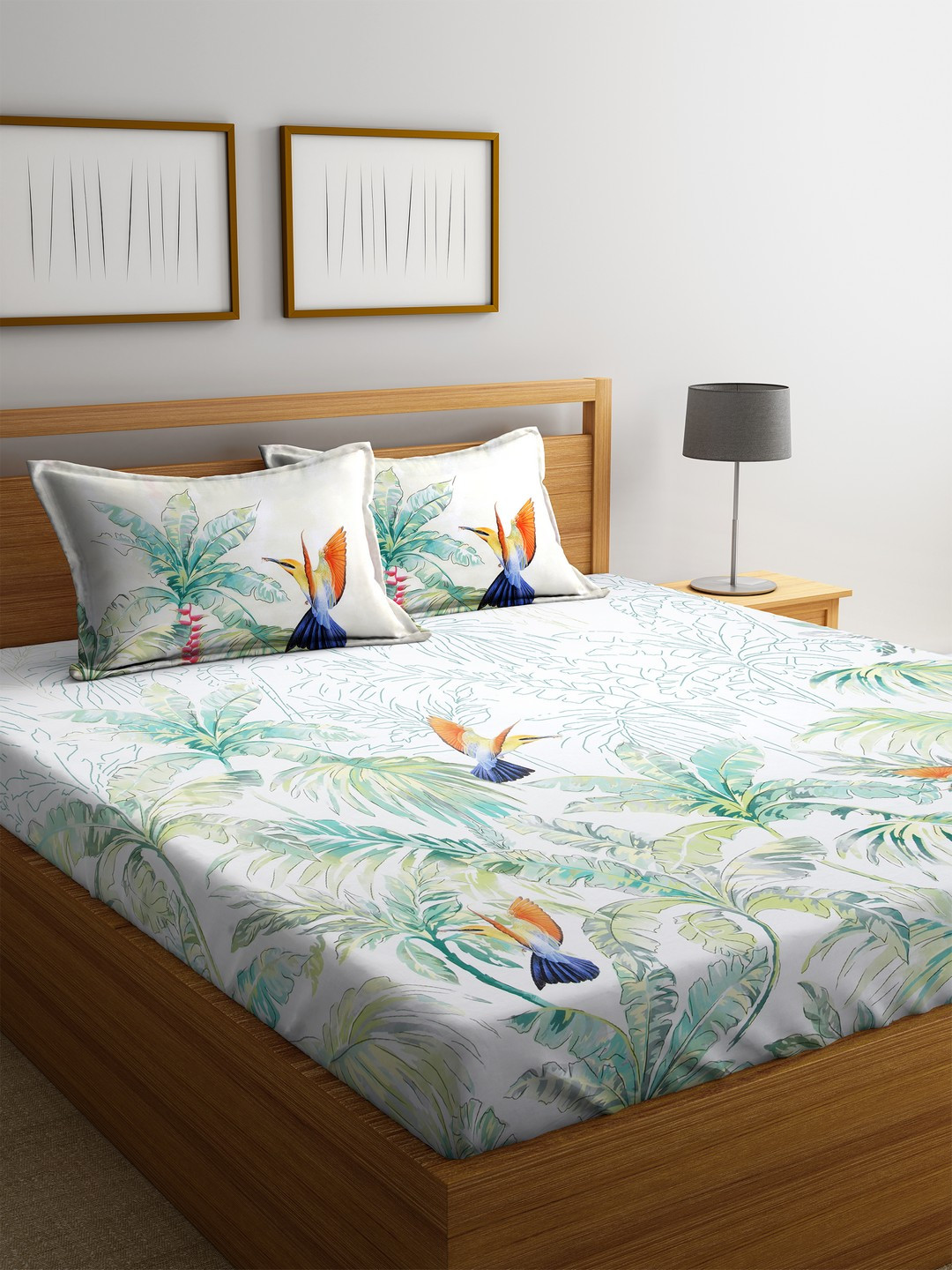 Buy SPACES White & Green Graphic Flat 180 TC Cotton 1 King Bedsheet