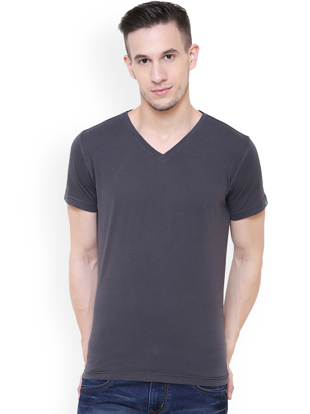 Buy UV&W Men Charcoal Grey Solid V Neck T Shirt - Tshirts for Men ...