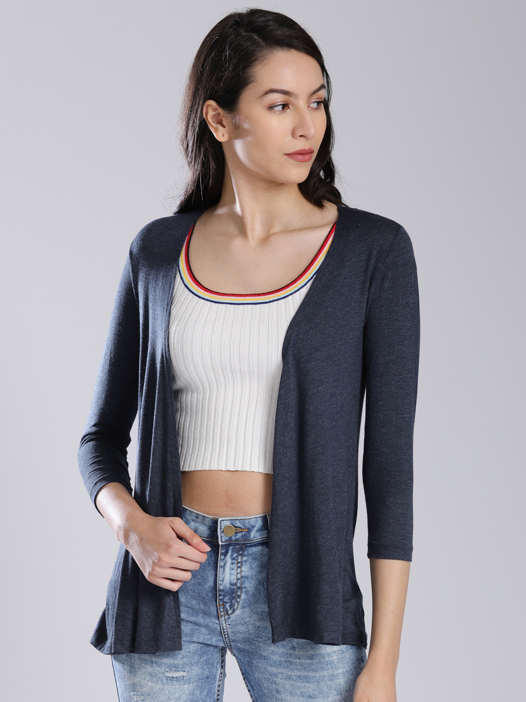 Buy Bossini Navy Blue Solid Open Front Shrug Shrug for Women 6596088