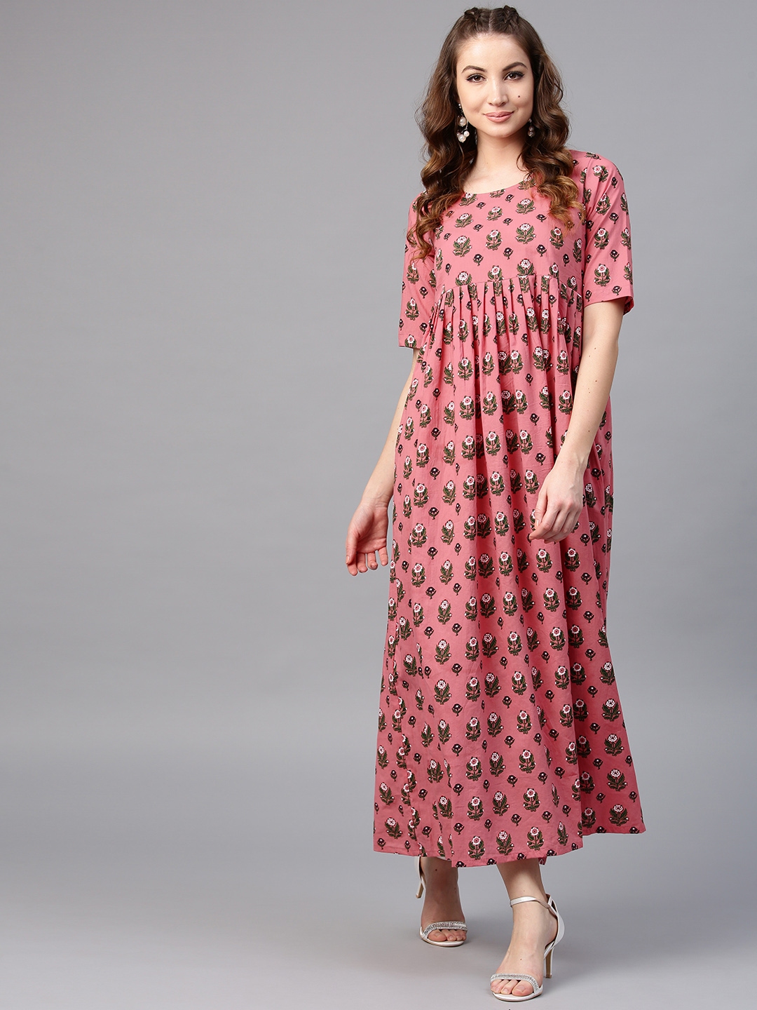 Buy AKS Women Coral Pink & Green Printed Maxi Dress - Dresses for Women ...
