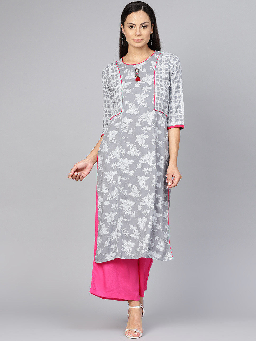 Grey Printed Straight kurta Set main image 0