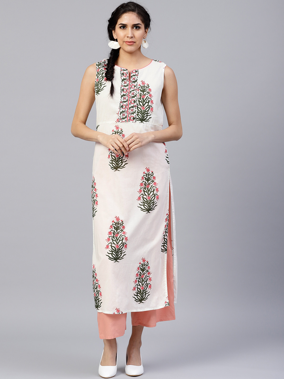Women Off-White & Green Printed Straight Kurta main image 1