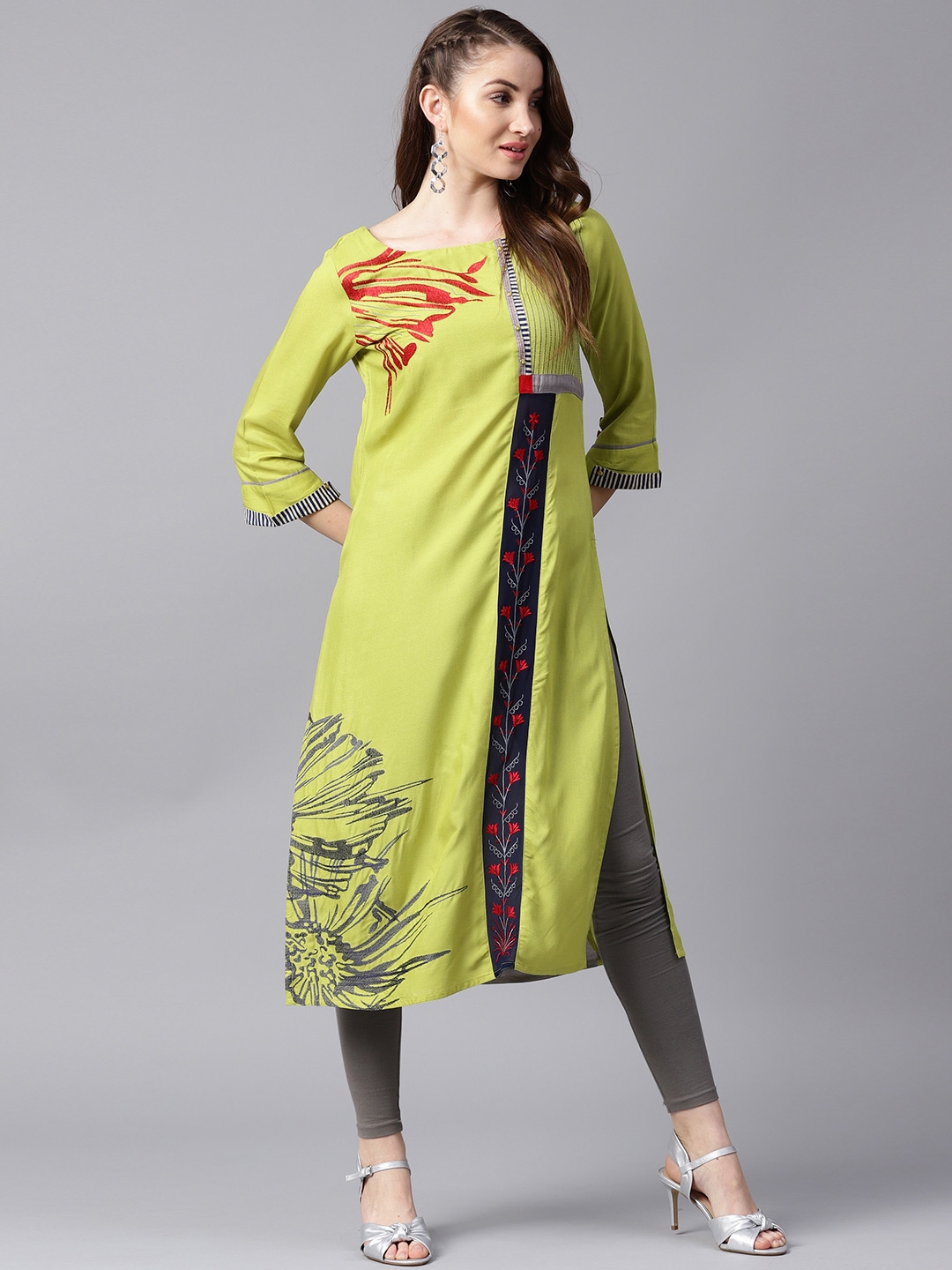 Buy ANAISA Women Green Embroidered Straight Kurta - Kurtas for Women 6604845 | Myntra