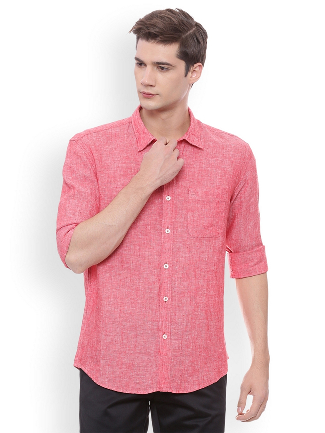 Buy Basics Men Coral Pink Slim Fit Solid Casual Shirt - Shirts for Men ...