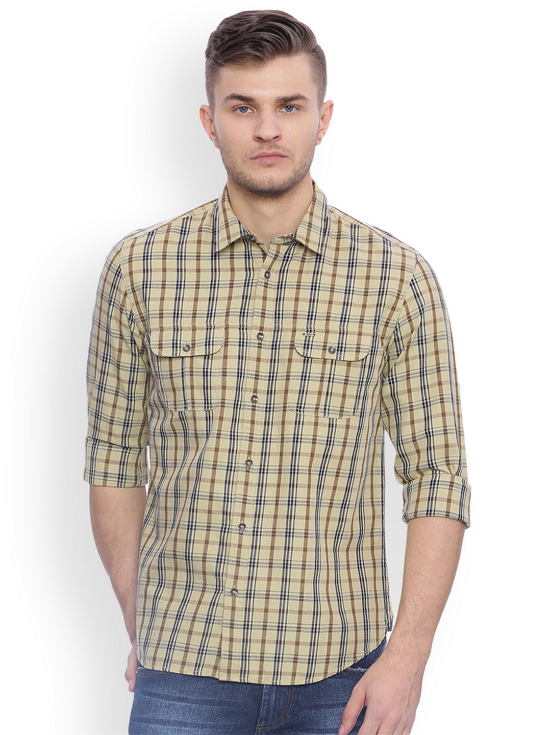 Buy Basics Men Khaki & Blue Slim Fit Checked Casual Shirt Shirts for