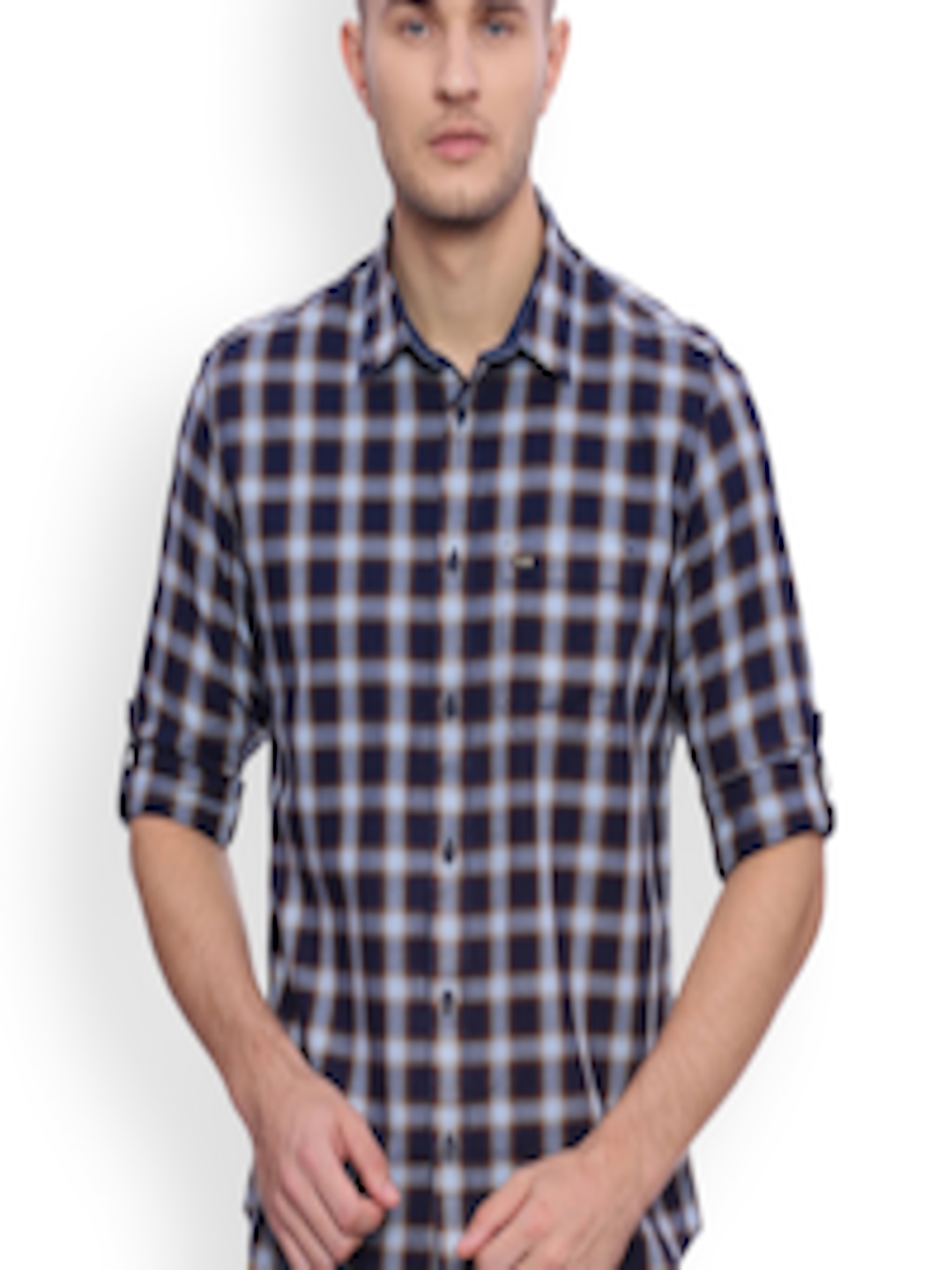 Buy Basics Men Blue & Brown Slim Fit Checked Casual Shirt - Shirts for ...