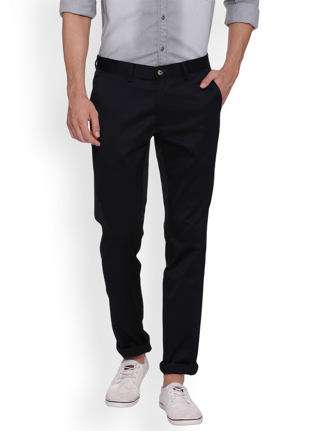 Buy Basics Men Navy Blue Tapered Fit Solid Chinos Trousers for Men