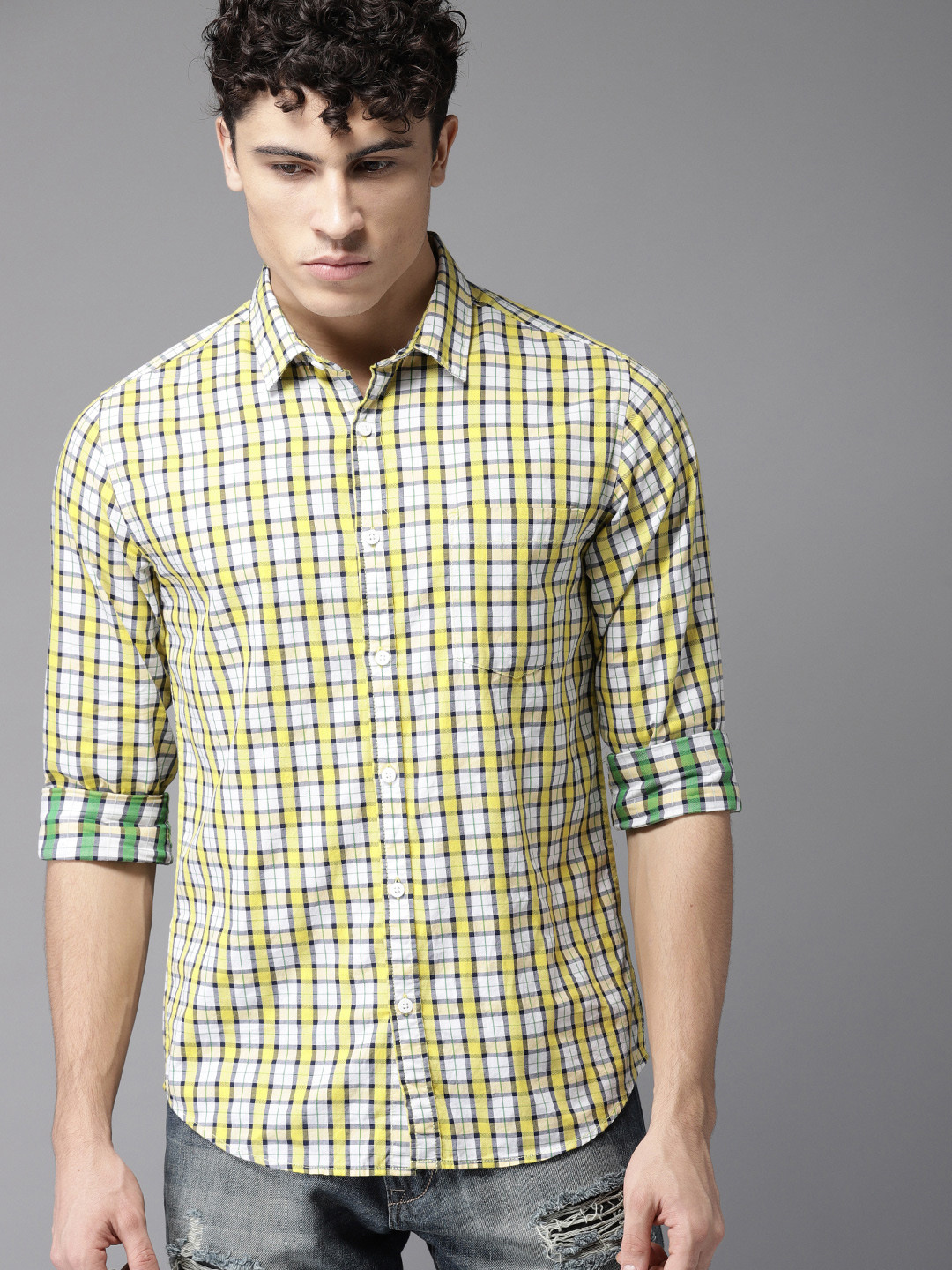 Buy HERE&NOW Men Yellow & White Slim Fit Checked Casual Shirt Shirts