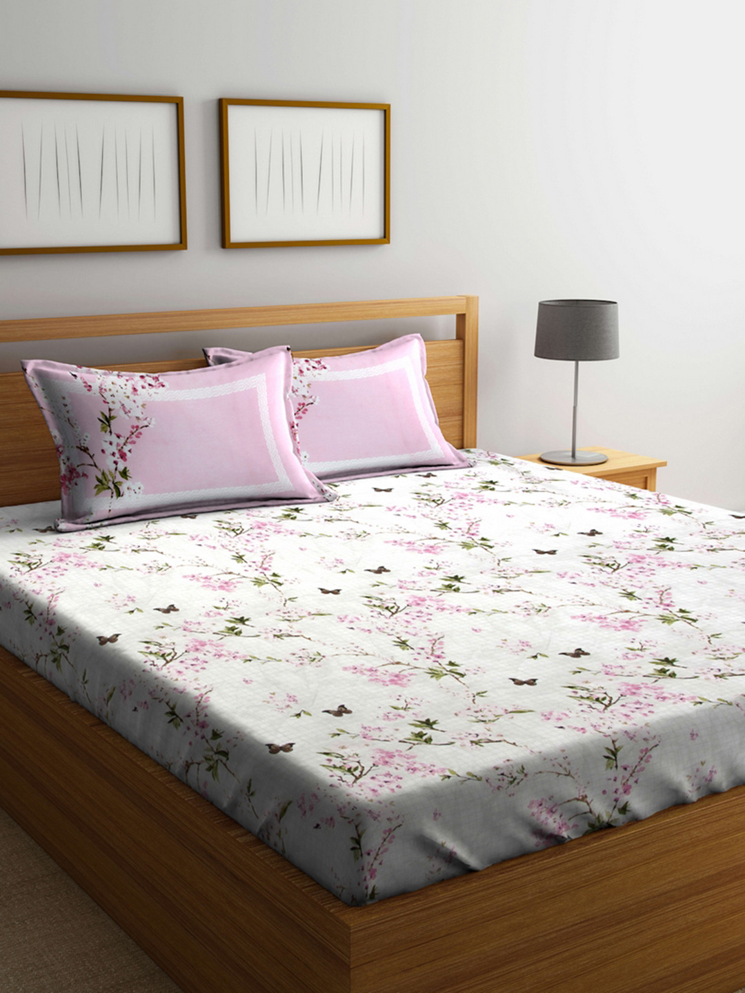 Buy MYTRIDENT White Pink Floral Flat 210 TC Cotton 1 King Bedsheet With