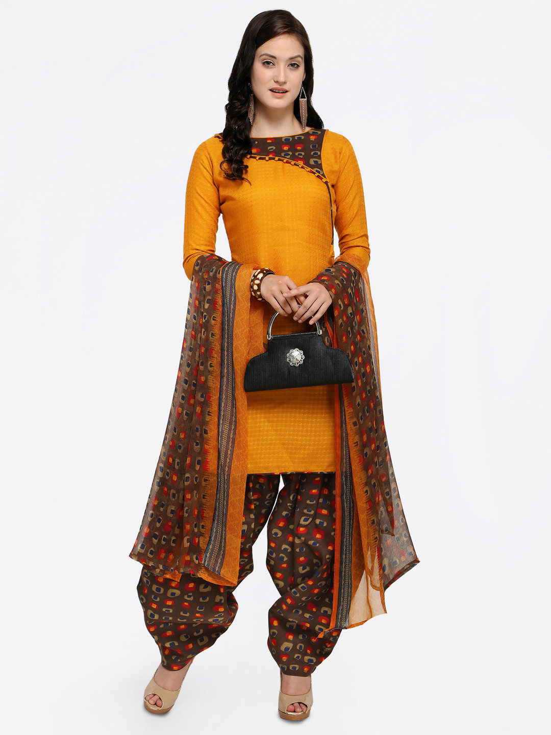 Buy Saree Mall Women Orange & Brown Unstitched Dress Material Dress Material for Women 6608502