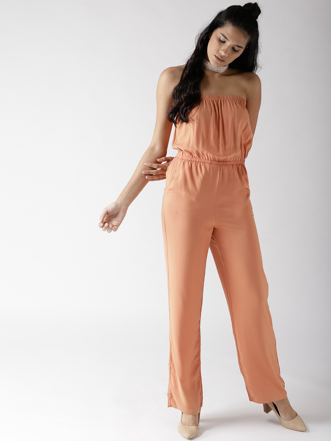 Buy FOREVER 21 Peach Coloured Solid Basic Jumpsuit Jumpsuit for Women