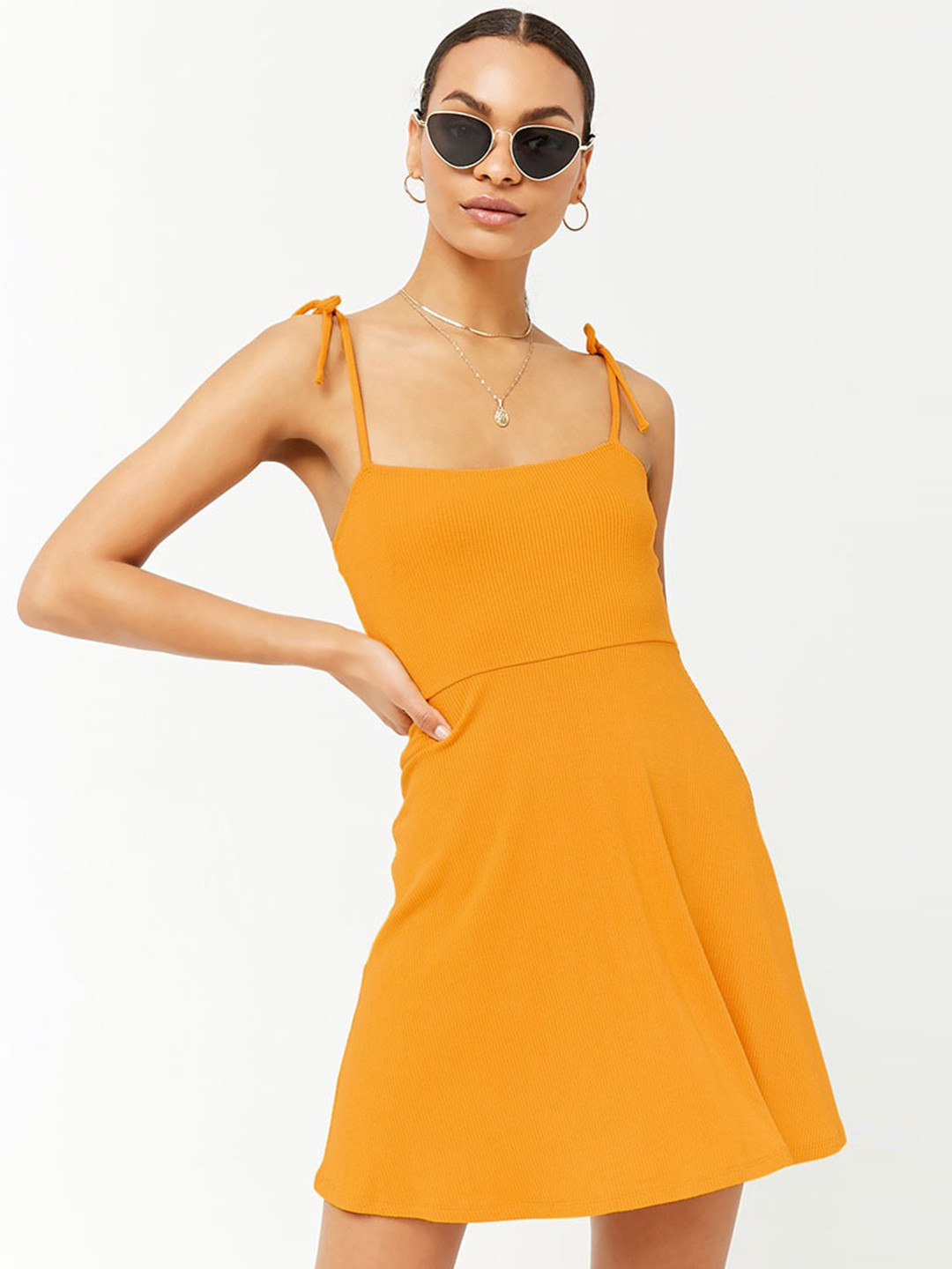 Buy FOREVER 21 Women Mustard Yellow Solid Mini Fit And Flare Dress