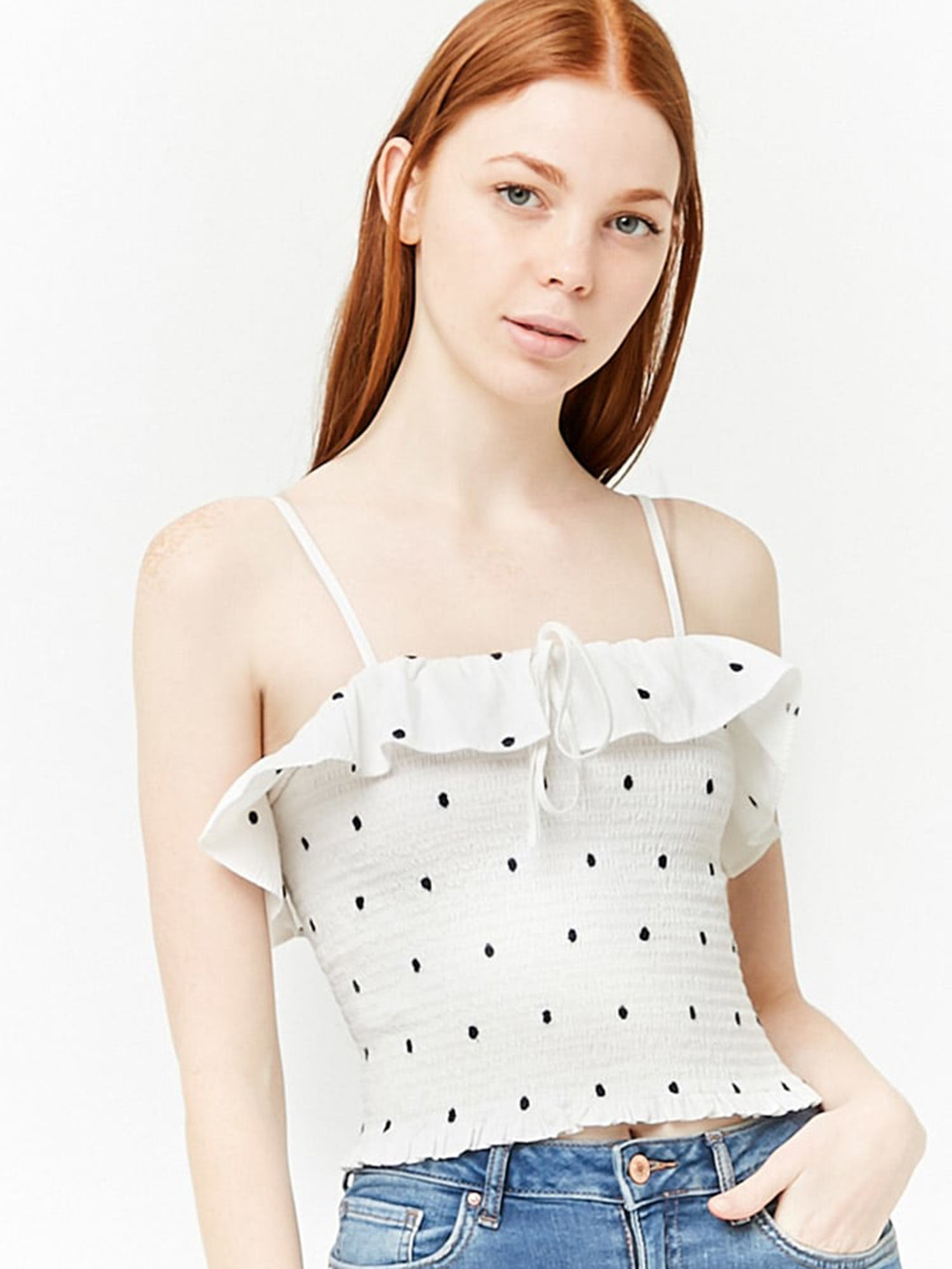 Buy FOREVER 21 White & Navy Embroidered Fitted Crop Pure Cotton Top