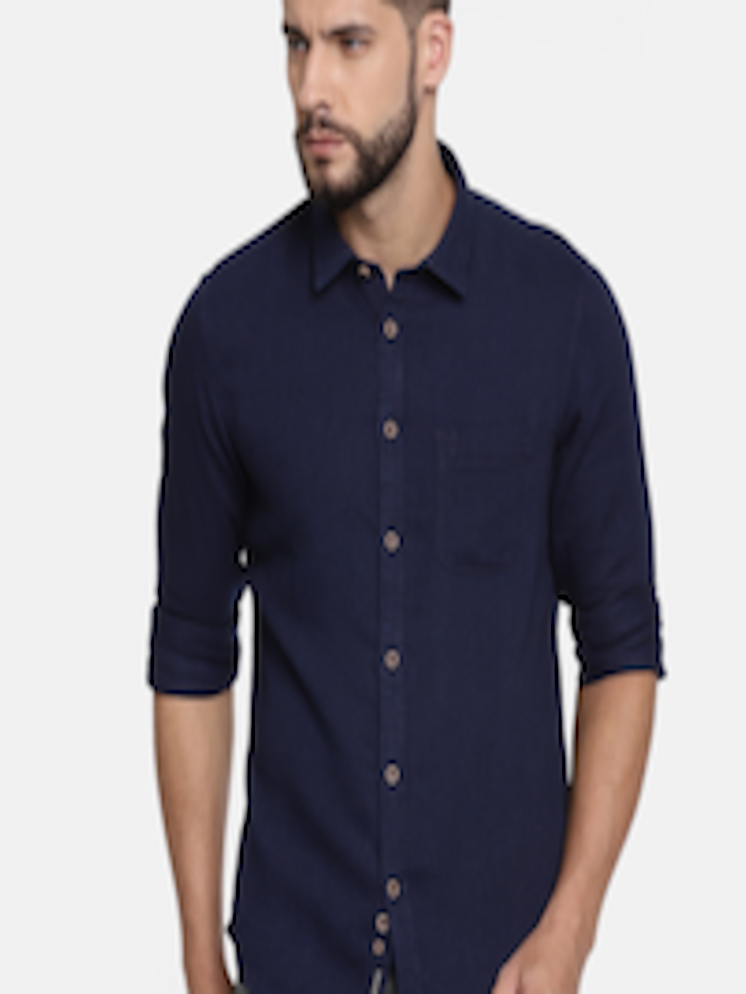 Buy Indian Terrain Men Navy Blue Chiseled Slim Fit Solid Casual Shirt ...