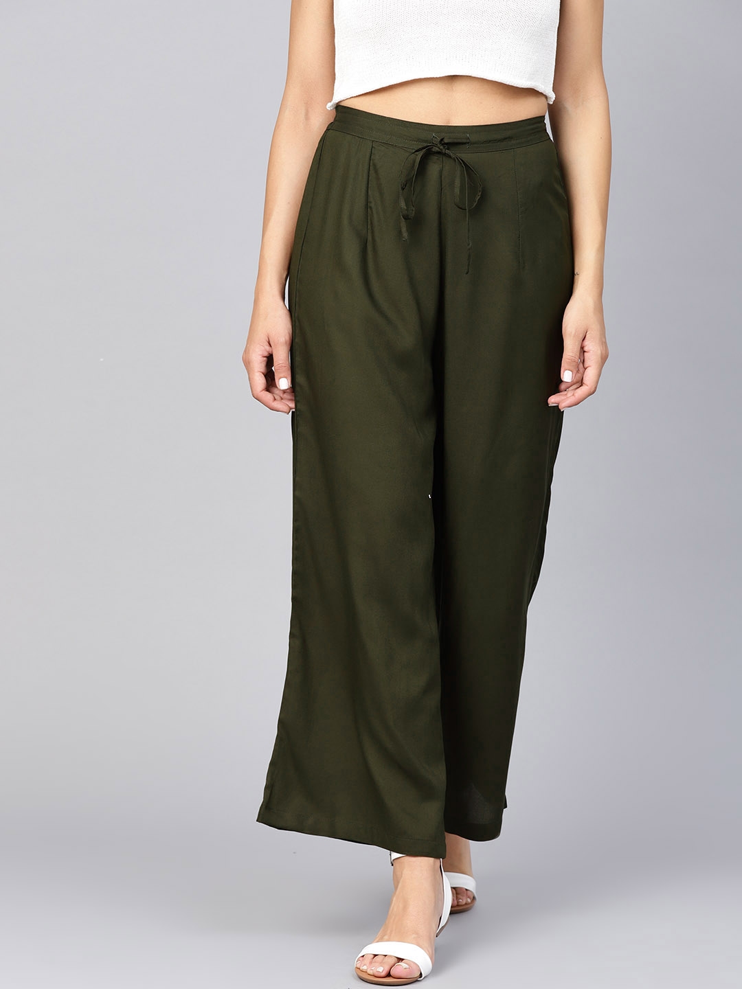 Buy Shree Women Olive Green Solid Wide Leg Palazzos - Palazzos for ...