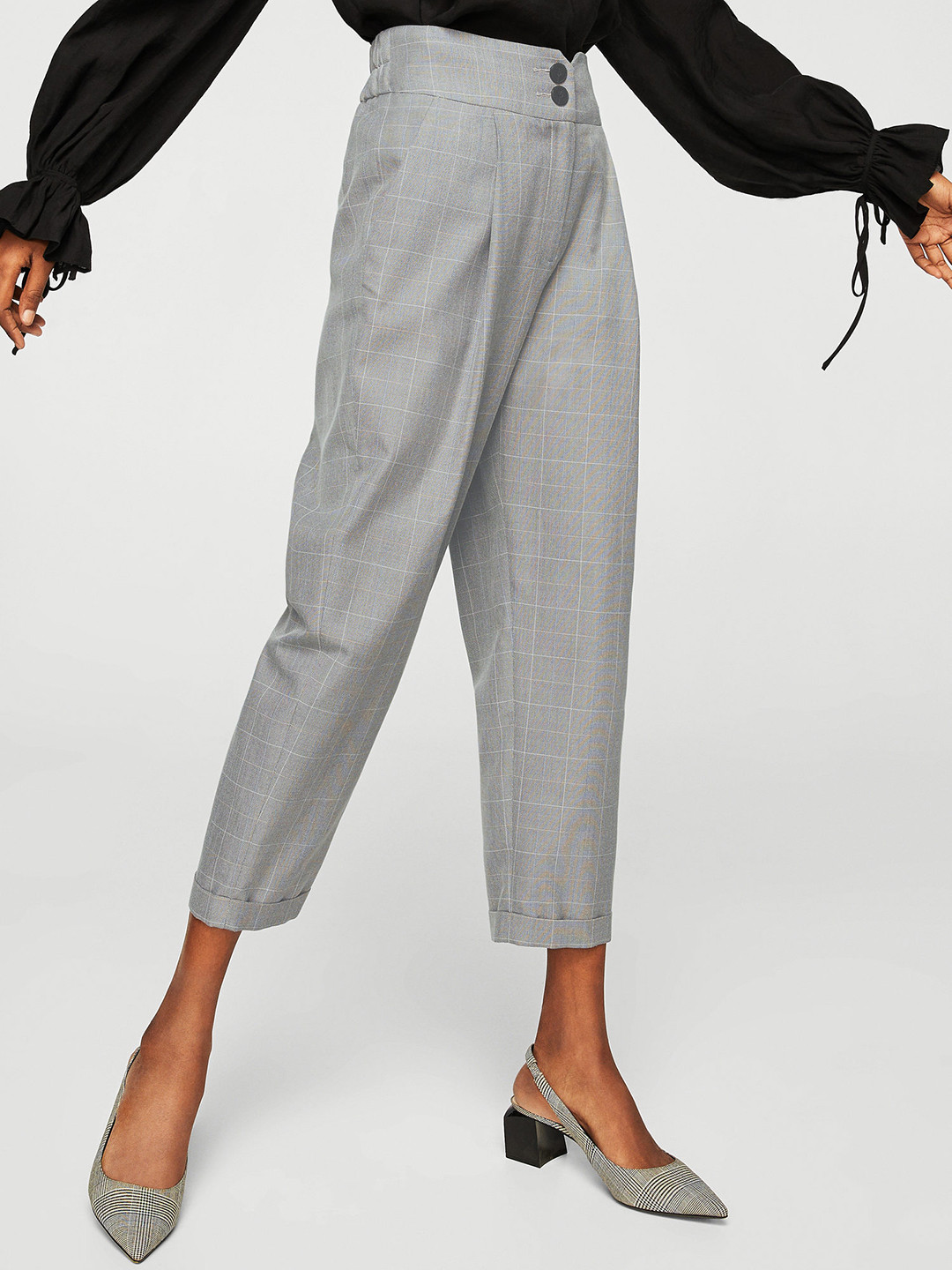 Buy MANGO Women Grey Regular Fit Checked Cropped Trousers Trousers