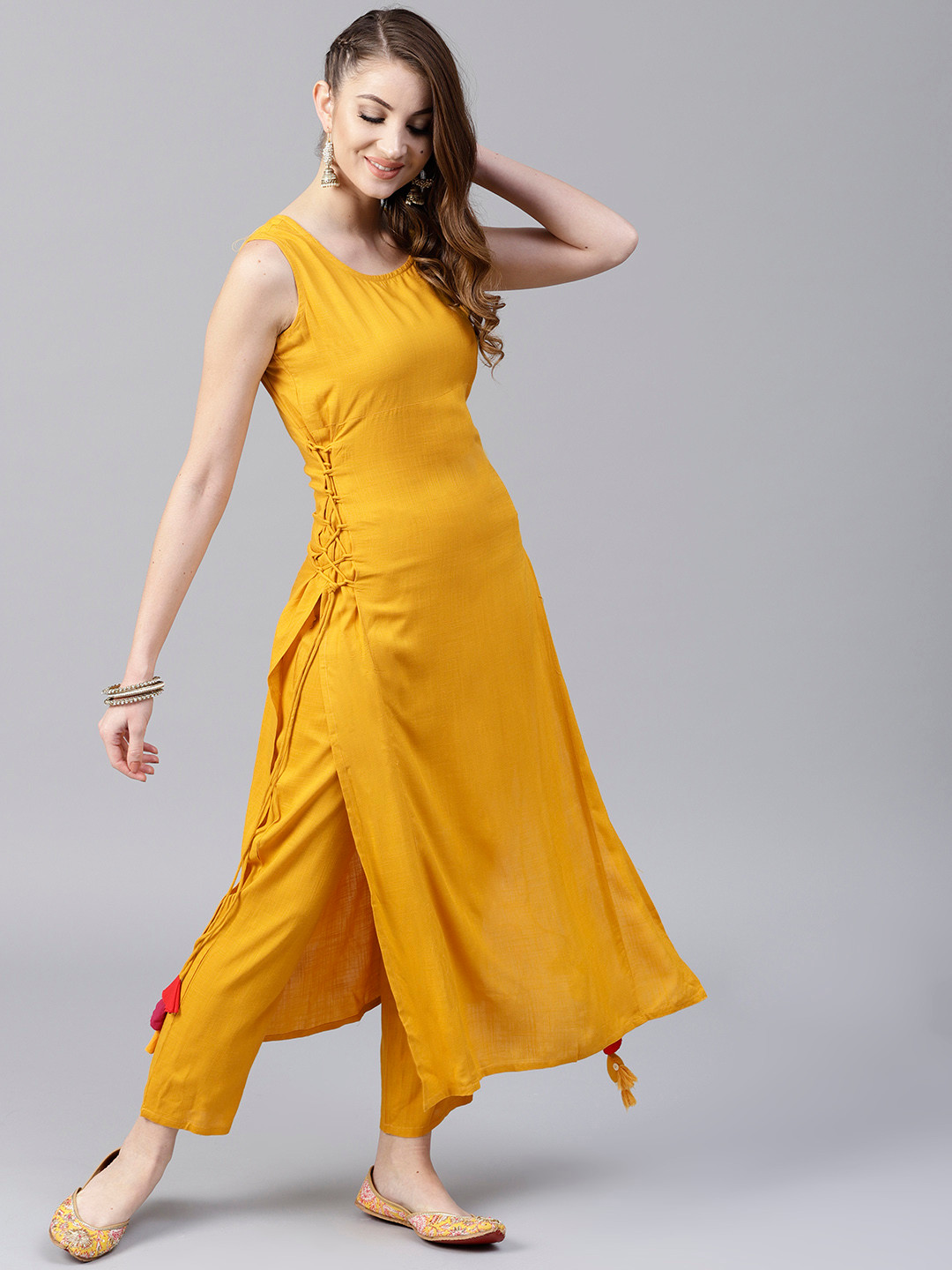 Aks women mustard solid straight kurta Clearance