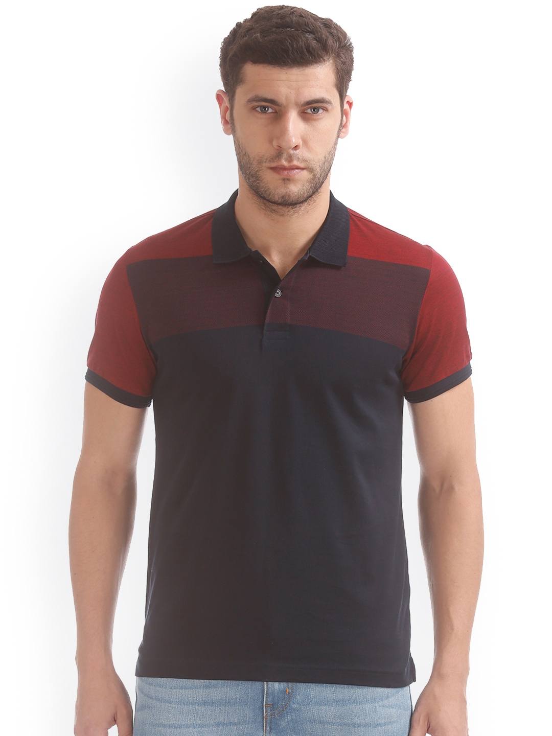 Buy IZOD Men Navy Blue & Red Colourblocked Polo Collar T Shirt ...