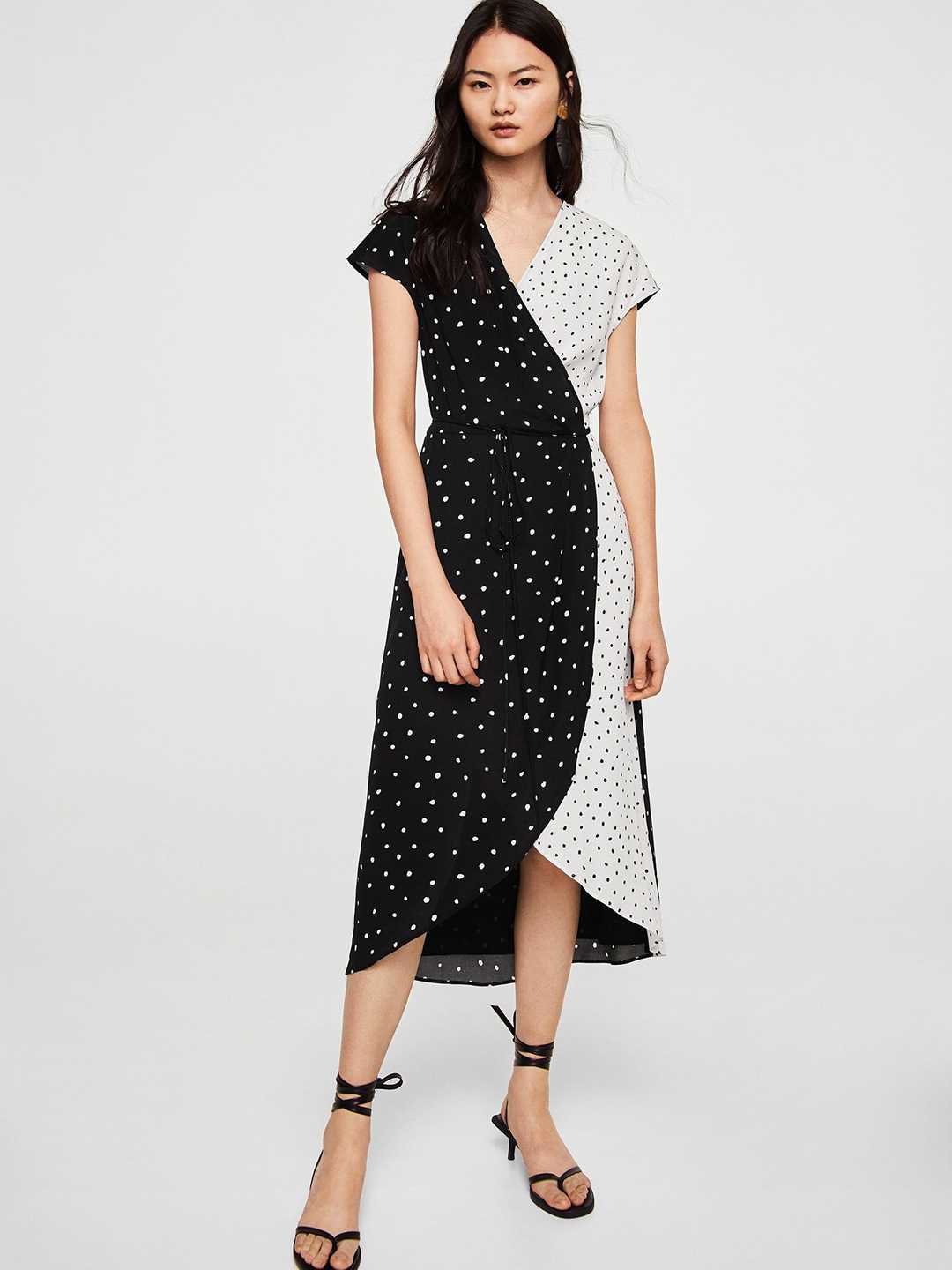 Buy MANGO Women Black & White Printed Midi Wrap Dress - Dresses for ...