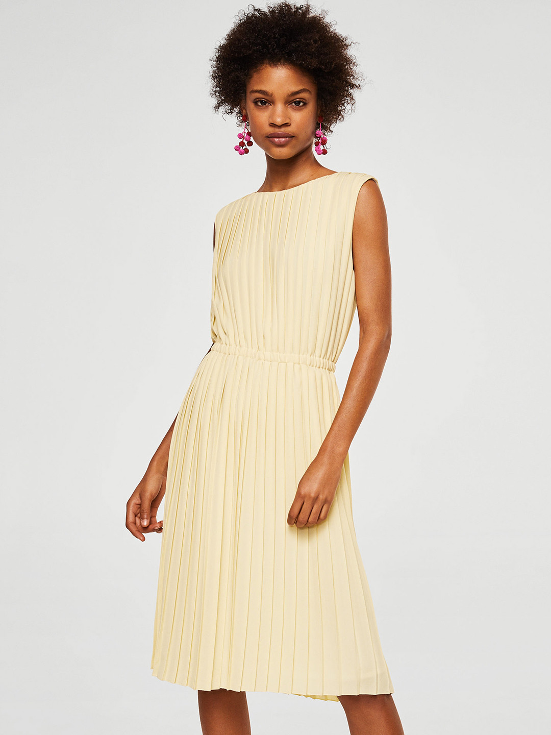 Buy MANGO Women Yellow Solid Pleated Fit & Flare Dress Dresses for