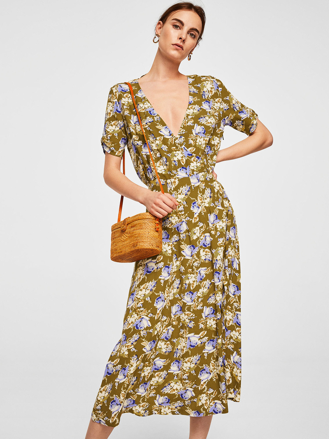 Buy MANGO Women Olive Green & Blue Printed Wrap Dress Dresses for Women 6627697 Myntra