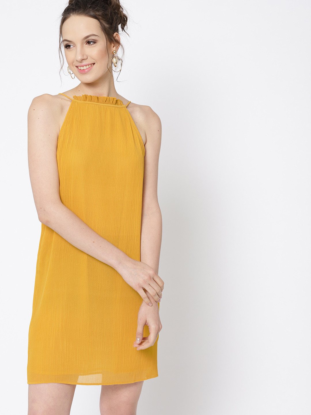 Buy MANGO Women Mustard Yellow Solid Pleated A Line Dress Dresses for