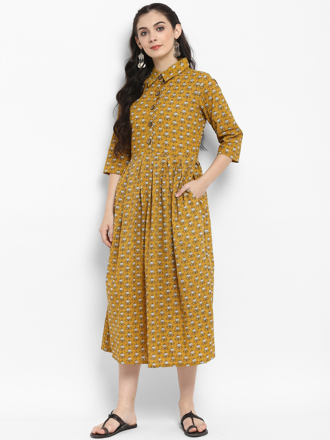 Buy Sringam Women Mustard Printed Fit And Flare Dress Dresses for Women 6629306 Myntra
