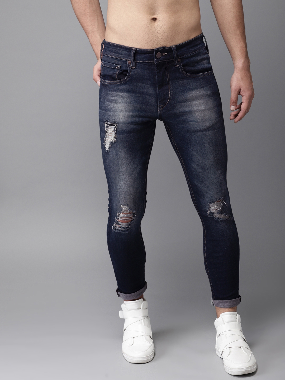Buy HERE&NOW Men Blue Skinny Fit Mid Rise Mildly Distressed Stretchable ...