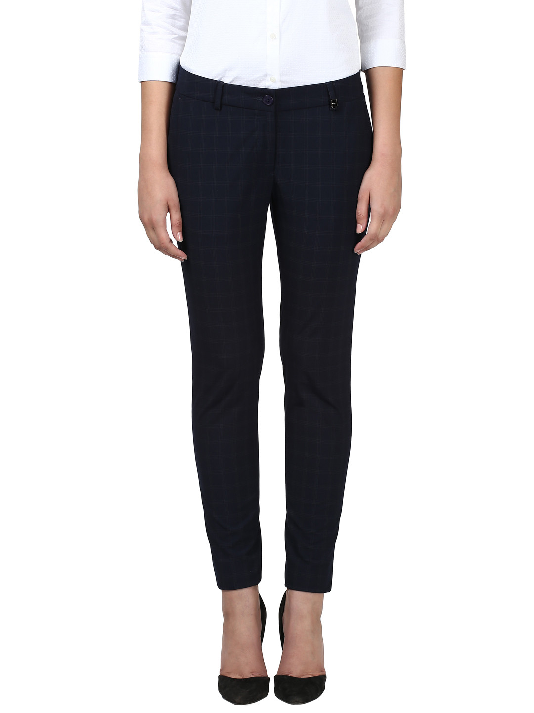 Buy Park Avenue Women Blue Smart Tapered Fit Checked Formal Trousers - Trousers for Women 