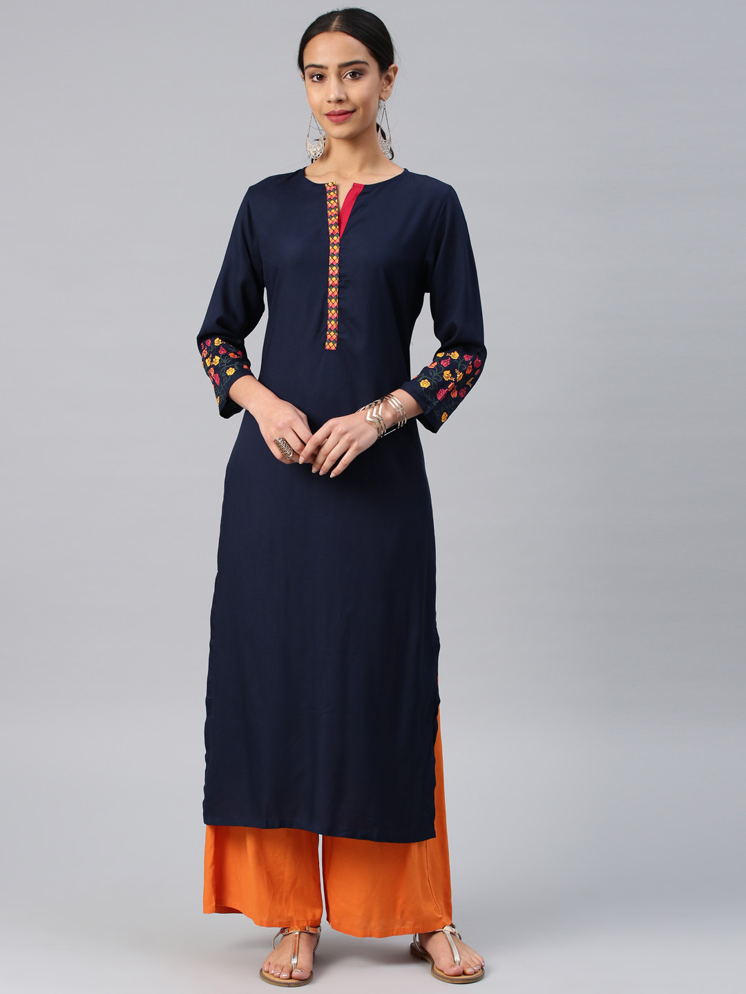 Women  Navy Blue Printed Straight Kurta Trousers set